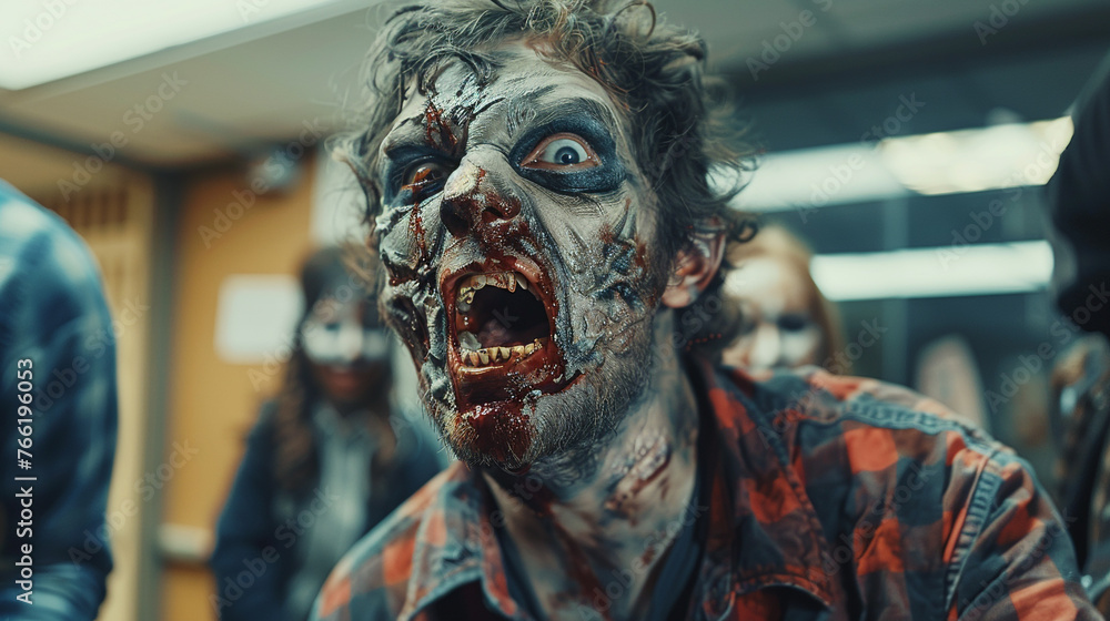 A man wearing a zombie costume scares his co-workers at the office party.