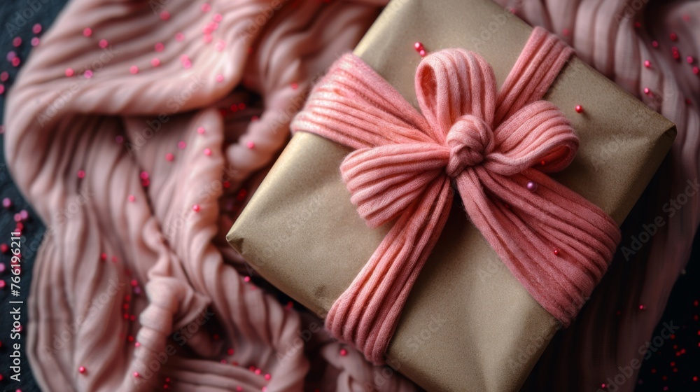  a wrapped present sitting on top of a bed next to a pile of pink sprinkles on top of a blanket.