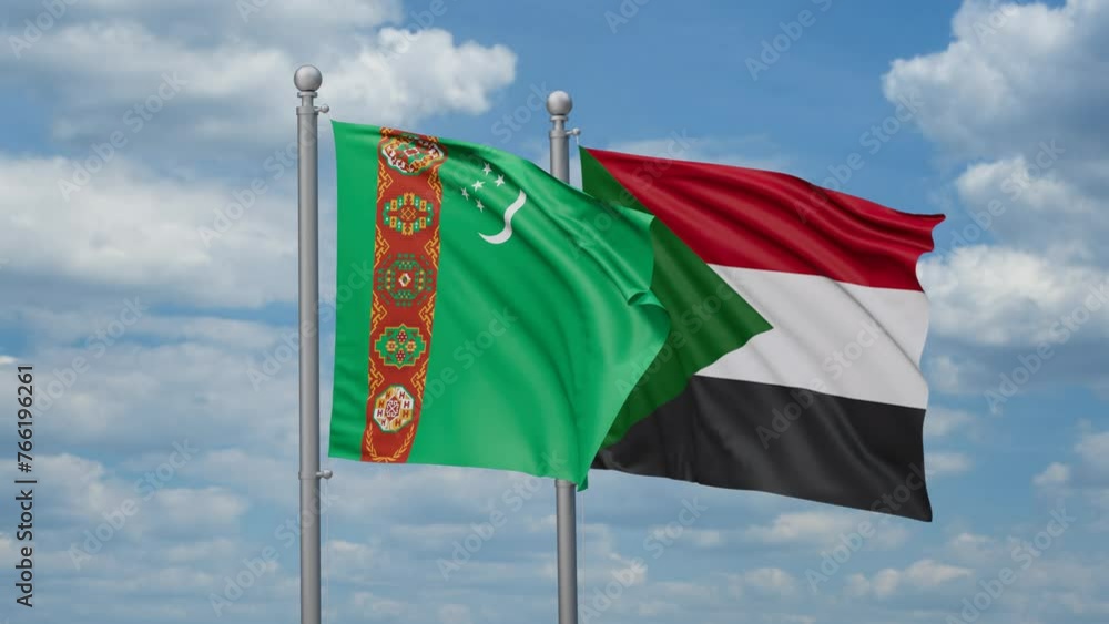 Sudan and Turkmenistan two flags waving together, looped video, two country cooperation concept Sudan and Turkmenistan two flags waving together, looped video, two country cooperation concept