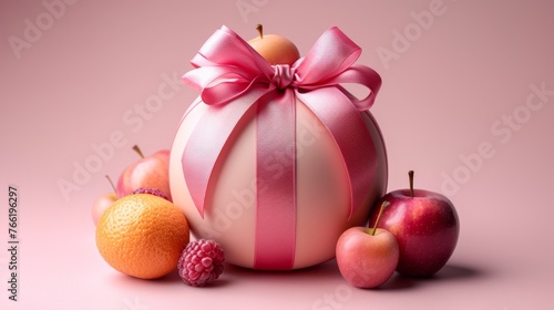  an ornament with a pink ribbon and a bow around it with fruit around it on a pink background.