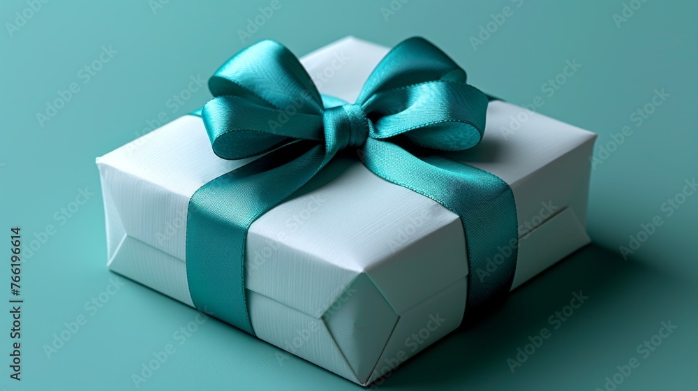a white gift box with a teal ribbon and a bow on the top of it, on a blue background. a white gift box with a teal ribbon and a bow on the top of it, on a blue background.