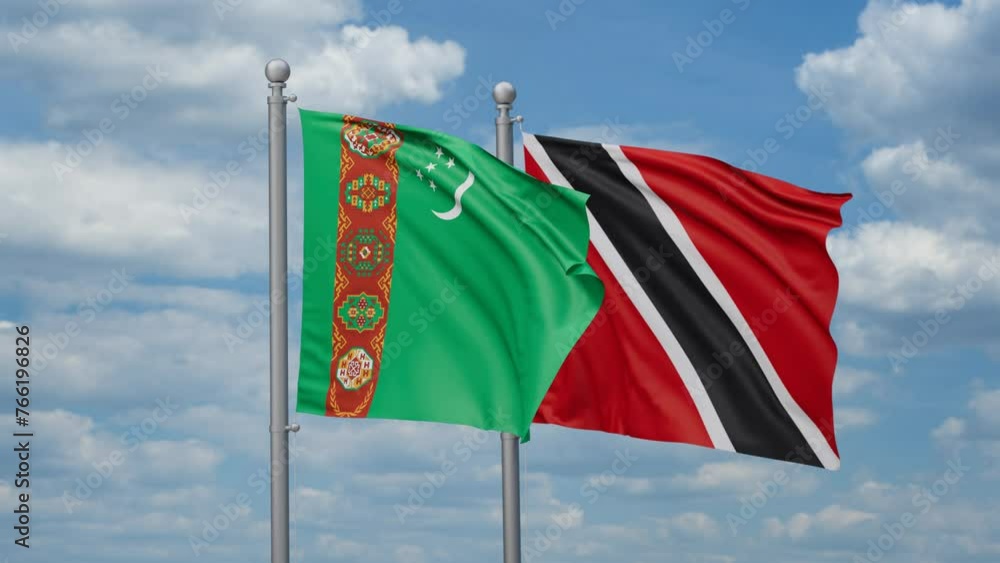 Trinidad and Tobago and Turkmenistan two flags waving together, looped video, two country cooperation concept Trinidad and Tobago and Turkmenistan two flags waving together, looped video, two country cooperation concept