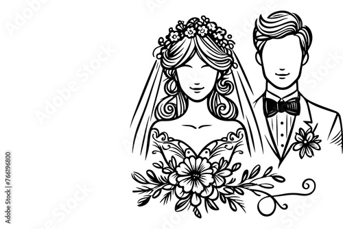 One continuous single drawing black line art doodle wedding couple bride and groom outlne vector illustration on white background