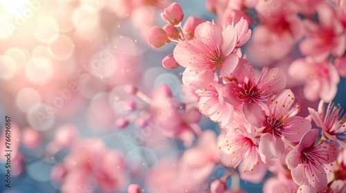  a bunch of pink flowers are blooming on a branch in front of a blurry background of blue sky.