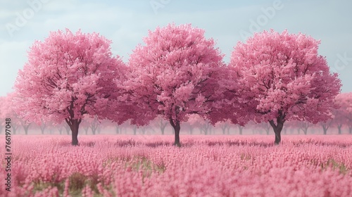  a group of trees that are in the middle of a field with pink flowers in the foreground and a blue sky in the background.