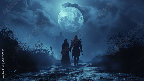 A young couple wearing matching vampire costumes walk hand in hand under the full moon.