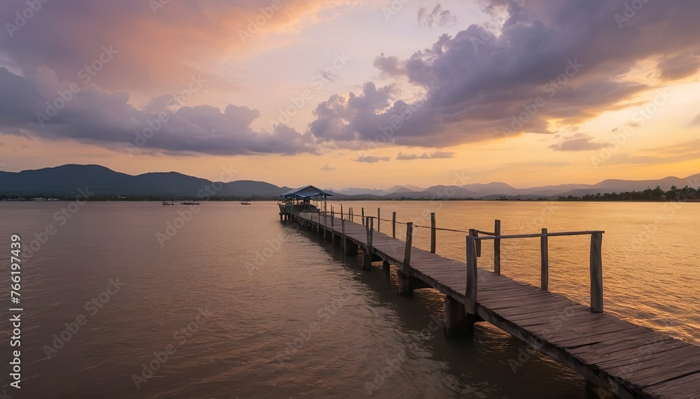 pier and river landscape view at sunset in kampot town cambodia