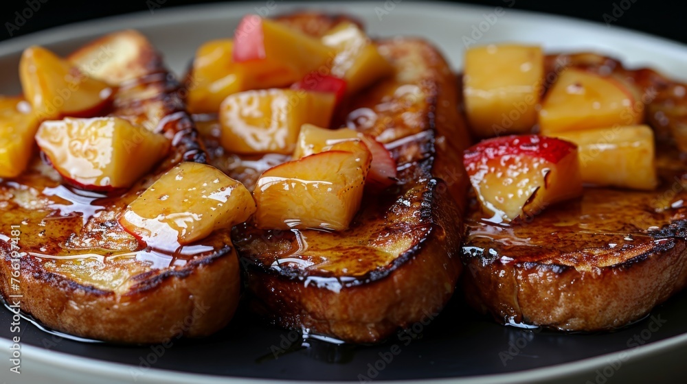  a close up of a plate of food with french toast and pineapples on top of eachother.