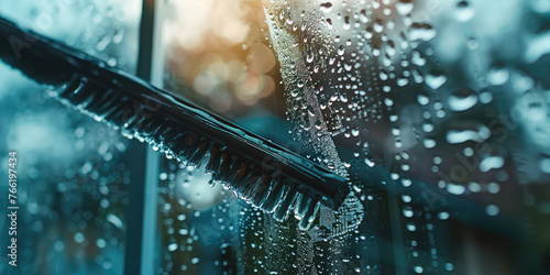 Crystal Clear Clarity: Window Cleaning with Squeegee. A window squeegee glides over glass, leaving a streak-free shine and droplets in its wake.