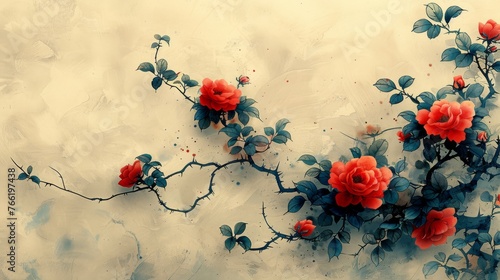  a painting of a branch with red flowers and green leaves on a white background with a splash of blue paint.