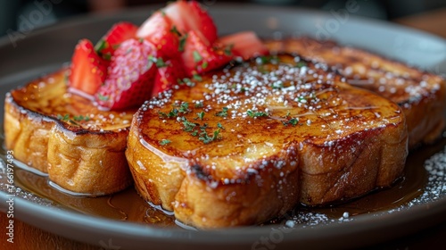 a plate topped with french toast covered in powdered sugar and topped with strawberries on top of a wooden table.