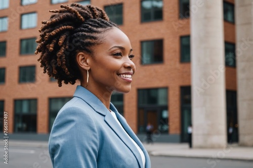Side view of smiling confident african american businesswoman with afro braids wearing stylish outfit looking away while standing against building