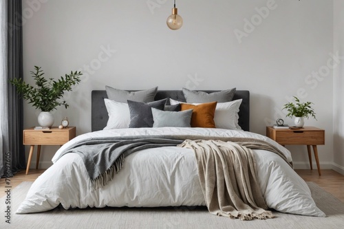 Cushions with blanket arranged on comfortable bed against white walls in contemporary bedroom at home photo