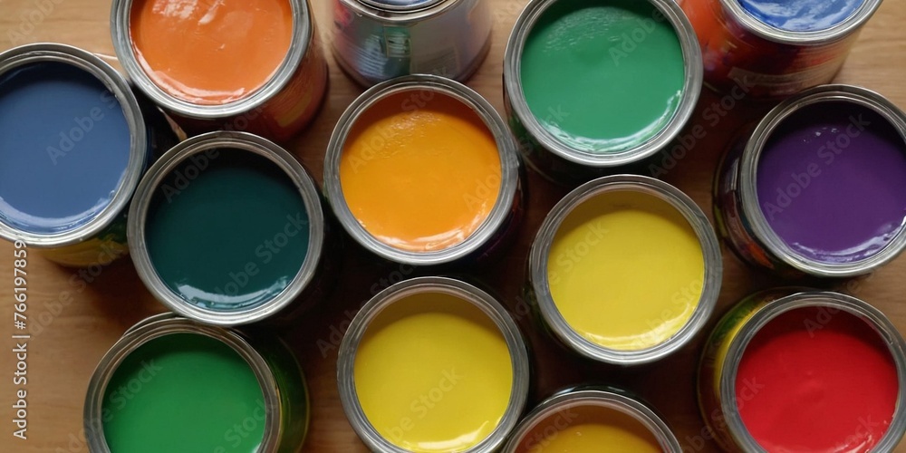 Colorful paint cans on a wooden table, can be used as background. Colorful paint cans on a wooden table, can be used as background.