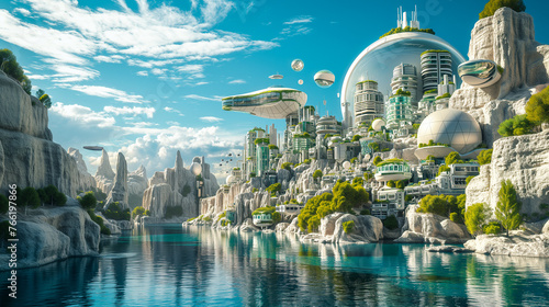 Sustainable Futuristic Mountain City Architecture. Biotech Green Design. New Energy Sources. Addressing Ecology, Climate Change, Overpopulation. photo