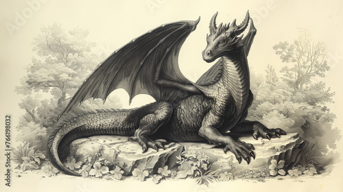  a black and white drawing of a dragon sitting on a rock with its wings spread out and its eyes closed.