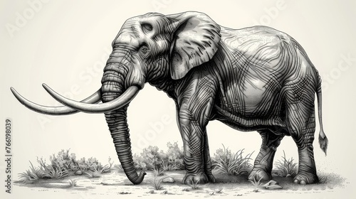  a black and white drawing of an elephant with tusks and tusks on it s head.