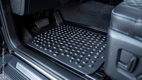 A durable rubber floor mat, custom-fitted to the interior of the truck, protecting the carpet from wear and tear
