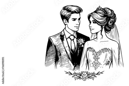 One continuous single drawing black line art doodle wedding couple bride and groom outlne vector illustration on white background