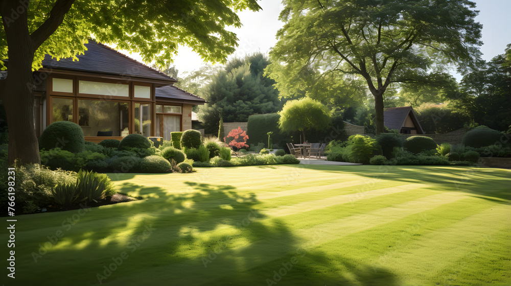 green lawn and landscaping with trees and shrubs green lawn and landscaping with trees and shrubs