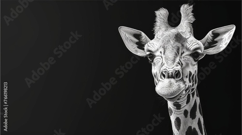  a black and white photo of a giraffe's face with a long neck and a short neck.