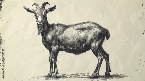  a black and white drawing of a goat on a piece of paper with a grunge effect behind it.