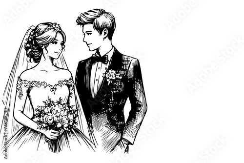 One continuous single drawing black line art doodle wedding couple bride and groom outlne vector illustration on white background