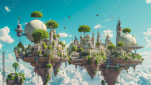 Sustainable Futuristic Flying City in the Sky. Biotech Green Design. New Energy Sources. Addressing Ecology, Climate Change, Overpopulation. Artificial Islands, Levitating Architecture, Smart Living.  © Mariko