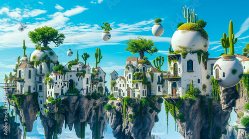 Sustainable Futuristic Flying City in the Sky. Biotech Green Design. New Energy Sources. Addressing Ecology, Climate Change, Overpopulation. Artificial Islands, Levitating Architecture, Smart Living.  photo