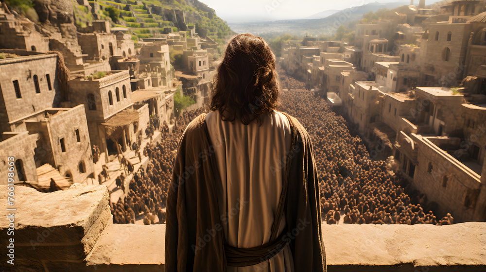 Fototapeta premium jesus standing in front of an old city of jerusalem while the crowd looks on