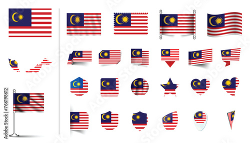 set of Malaysia flag, flat Icon set vector illustration. collection of national symbols on various objects and state signs. flag button, waving, 3d rendering symbols, and flag on map symbols