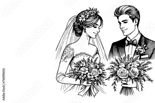 One continuous single drawing black line art doodle wedding couple bride and groom outlne vector illustration on white background