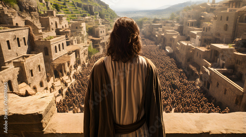 jesus standing in front of an old city of jerusalem while the crowd looks on