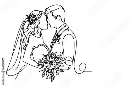 One continuous single drawing black line art doodle wedding couple bride and groom outlne vector illustration on white background photo