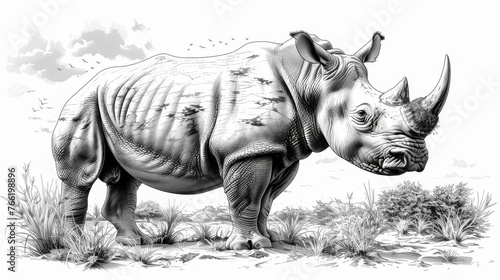  a black and white drawing of a rhino standing in a field with a bird in the sky in the background.