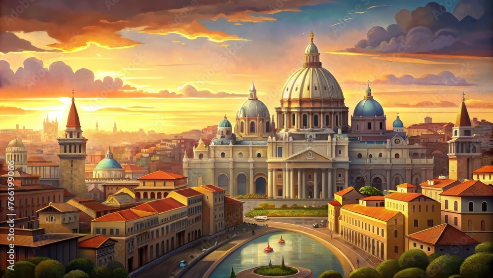 Golden hour city view with famous religious site - Golden sunlight illuminates the skyline, highlighting the St Peter's Basilica and other historical buildings in a city known for its rich religious a - obrazy, fototapety, plakaty 