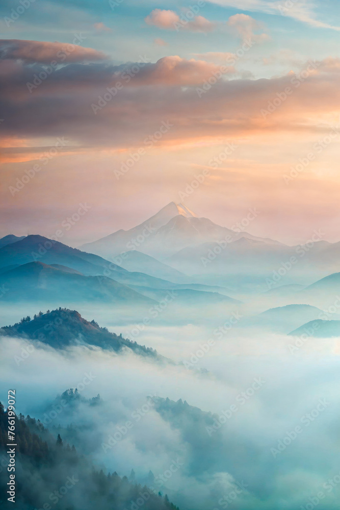 Misty mountain peaks at sunrise, a serene start to the day. Ideal for wellness retreats, travel promotion, inspirational content, and atmospheric wallpapers.