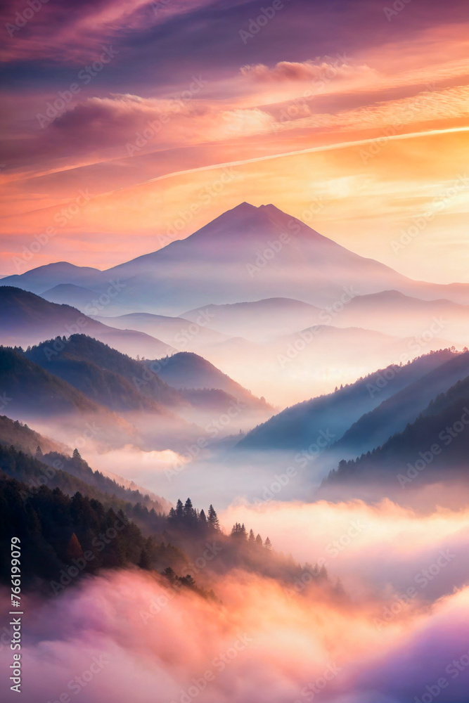 Serene sunrise over mist-covered mountains. Perfect for nature themes, travel brochures, meditation backdrops, and environmental articles.