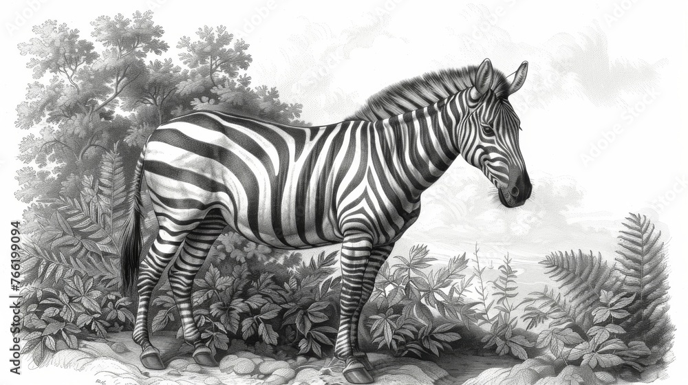 Fototapeta premium a black and white drawing of a zebra standing in a field of grass and plants with trees in the background.