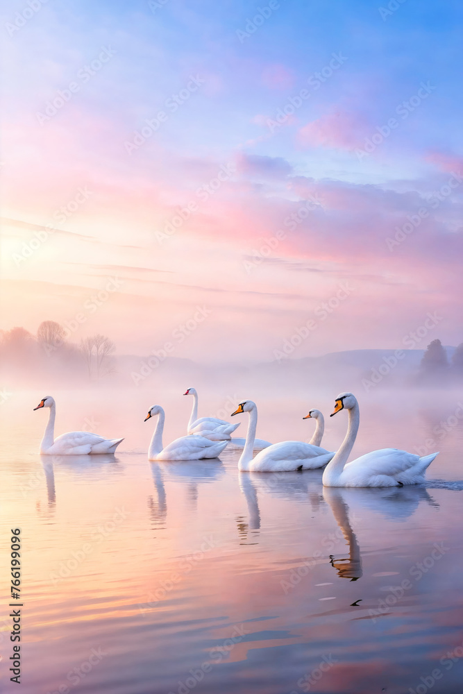 Ethereal mist dances around graceful swans on a tranquil lake at dawn. Ideal for wedding invitations, romantic getaways marketing, and creating a dreamy atmosphere.