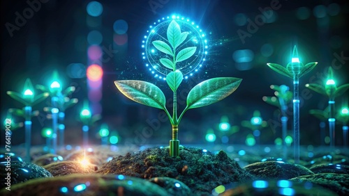 Glowing plant in a digital environment - A plant adorned with a glowing blueprint in a digital setting evokes technological evolution and life photo