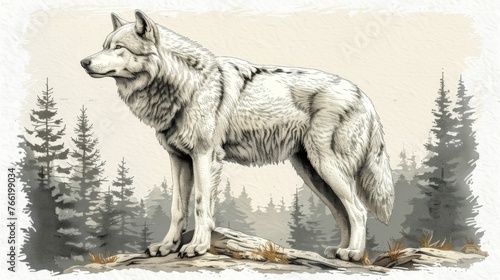  a drawing of a wolf standing on top of a log in front of a forest filled with tall pine trees. © Shanti