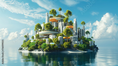 Sustainable Futuristic Island City Architecture. Biotech Green Design. New Energy Sources. Addressing Ecology, Climate Change, Overpopulation. Rapid Ocean Level Rise. © Mariko