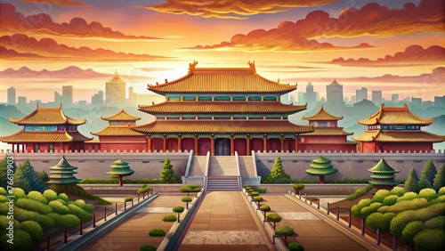 Detailed Chinese temple illustration - A beautifully created digital artwork featuring intricate architecture of a Chinese temple against a golden sunset skyline