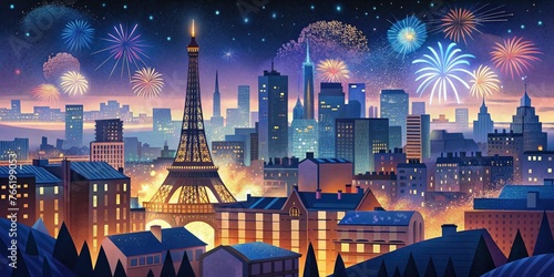 Paris skyline with fireworks behind Eiffel Tower - A vibrant night scene of Paris with the Eiffel Tower and colorful fireworks illuminating the cityscape photo