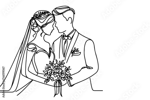 One continuous single drawing black line art doodle wedding couple bride and groom outlne vector illustration on white background