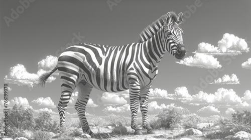  a black and white photo of a zebra standing in the middle of a field with fluffy clouds in the background.