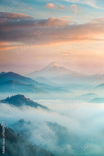 Misty mountain peaks at sunrise, a serene start to the day. Ideal for wellness retreats, travel promotion, inspirational content, and atmospheric wallpapers. © Olga
