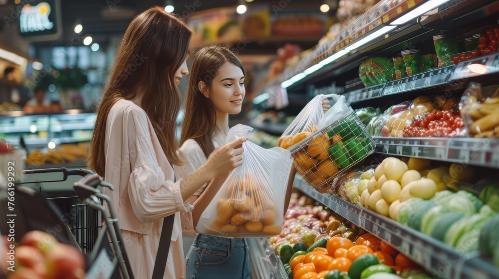 Two young women shopping in a grocery store