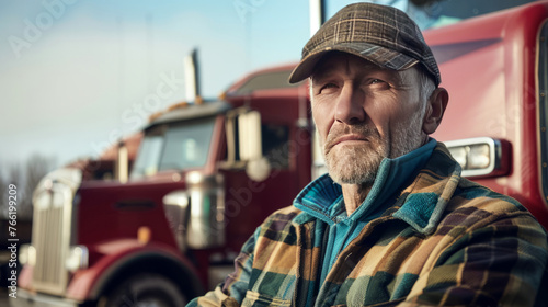 A man wearing a plaid jacket sits in front of a red semi truck photo